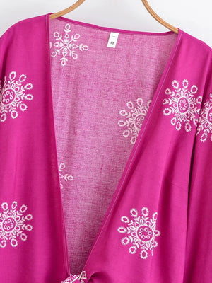 Bohemian Floral Kimono Cover-Up | Ruffle Flare Sleeve Short Beach Wrap | Bright Pink or Black | S–L