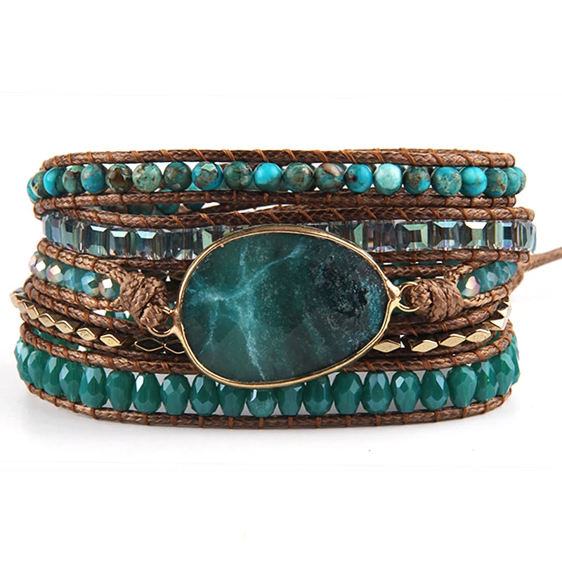 Bohemian Bracelet With Green Stone | Wide Handmade 5 Strand Bracelet