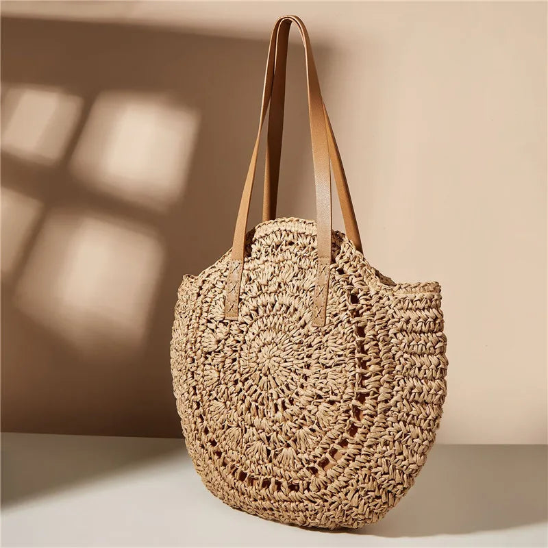 Women's Large Handmade Straw Shoulder Bag With Crochet Design | 43 X 42 X 3cm