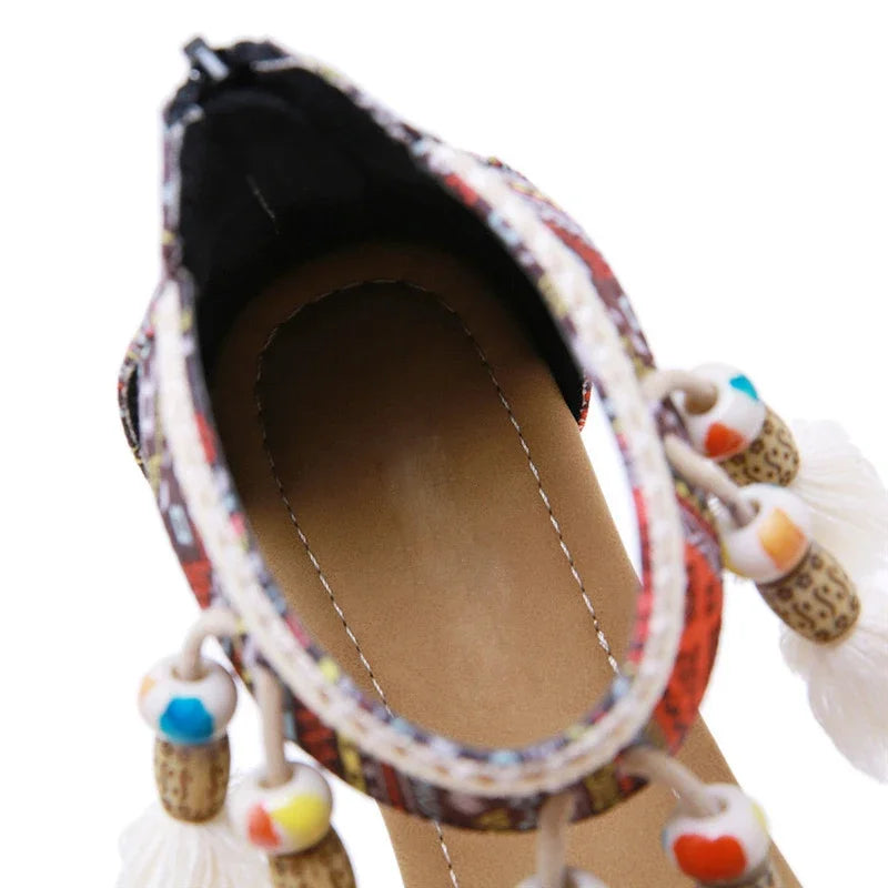 Women's Boho Sandals | Ethnic Style Rhinestone Flats | Beach Comfort Slippers | Black & Brown | Sizes 34-42