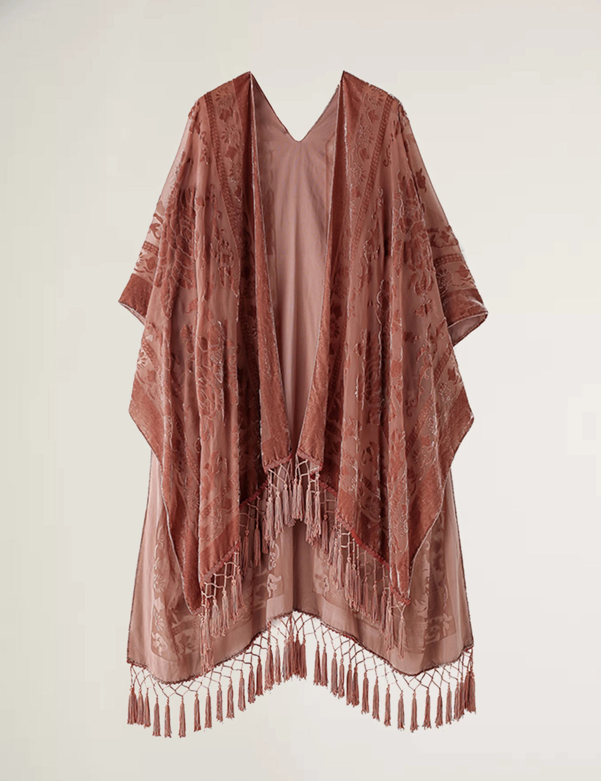 Bohemian Burnt Plush Velvet Kimono | Women's Long Floral Beach Cover - Up with Tassels | One Size | Various Colourstop