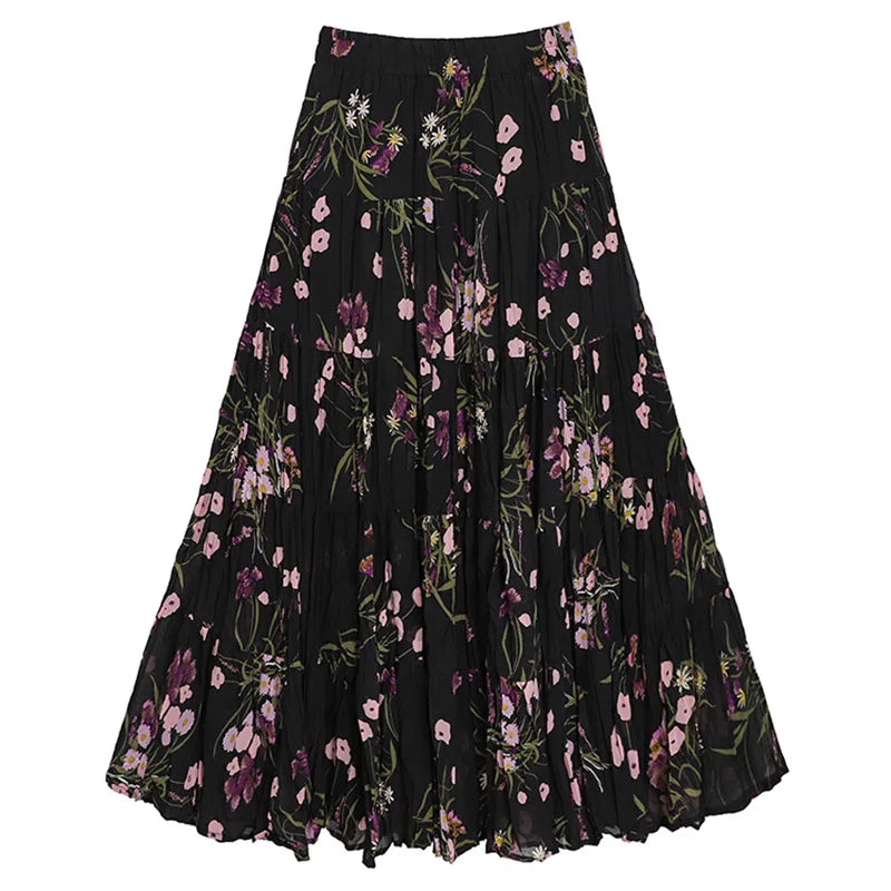 Bohemian Hippie Floral Maxi Skirt | Pleated A-Line Layered Elastic Waist | 4 Colour Options | One Size