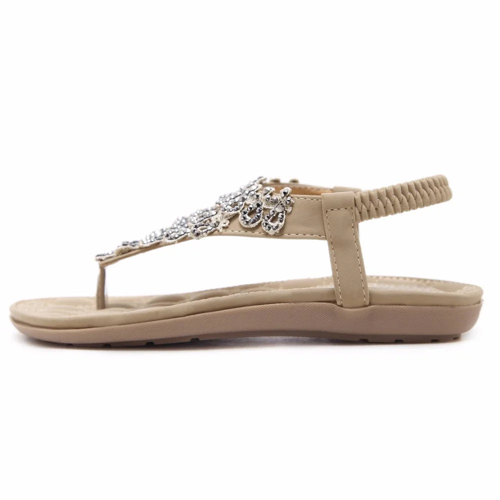 Women's Boho Crystal Flower Sandals | Ethnic Flat Flip-Flops | Casual Beach Shoes | Blue & Beige | Sizes 35-42