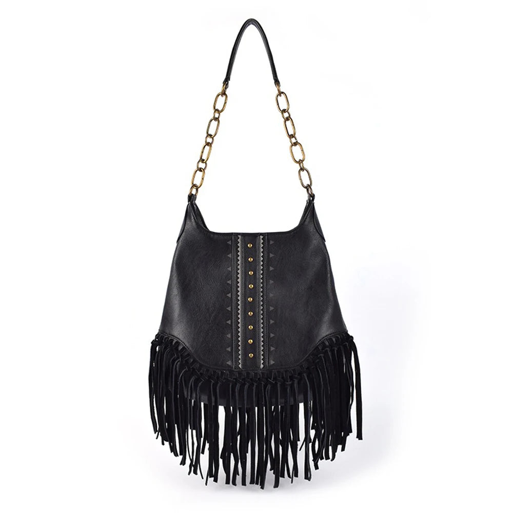 High Quality Leather Bohemian Tote Bag With Tassels | Black + Brown Options