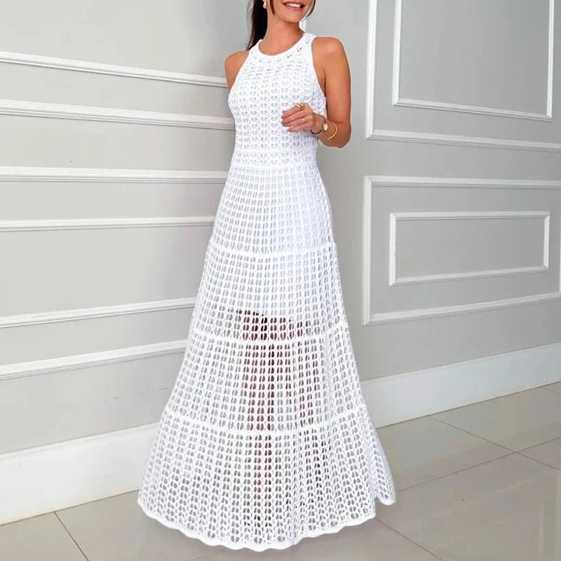 Women's Bohemian Hollow Knit Sleeveless Dress | Hippie High Waist Solid Maxi Beach Dress | Summer O - Neck Long Dress S–XLdress