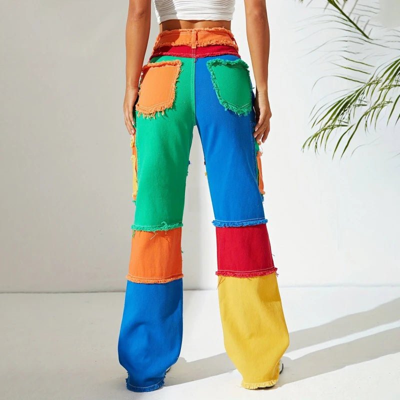 Women's Multi Coloured Streetwear Jeans | Colorful Patchwork Pants | panS–2XL