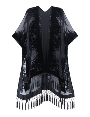 Bohemian Burnt Plush Velvet Kimono | Women's Long Floral Beach Cover - Up with Tassels | One Size | Various Colourstop