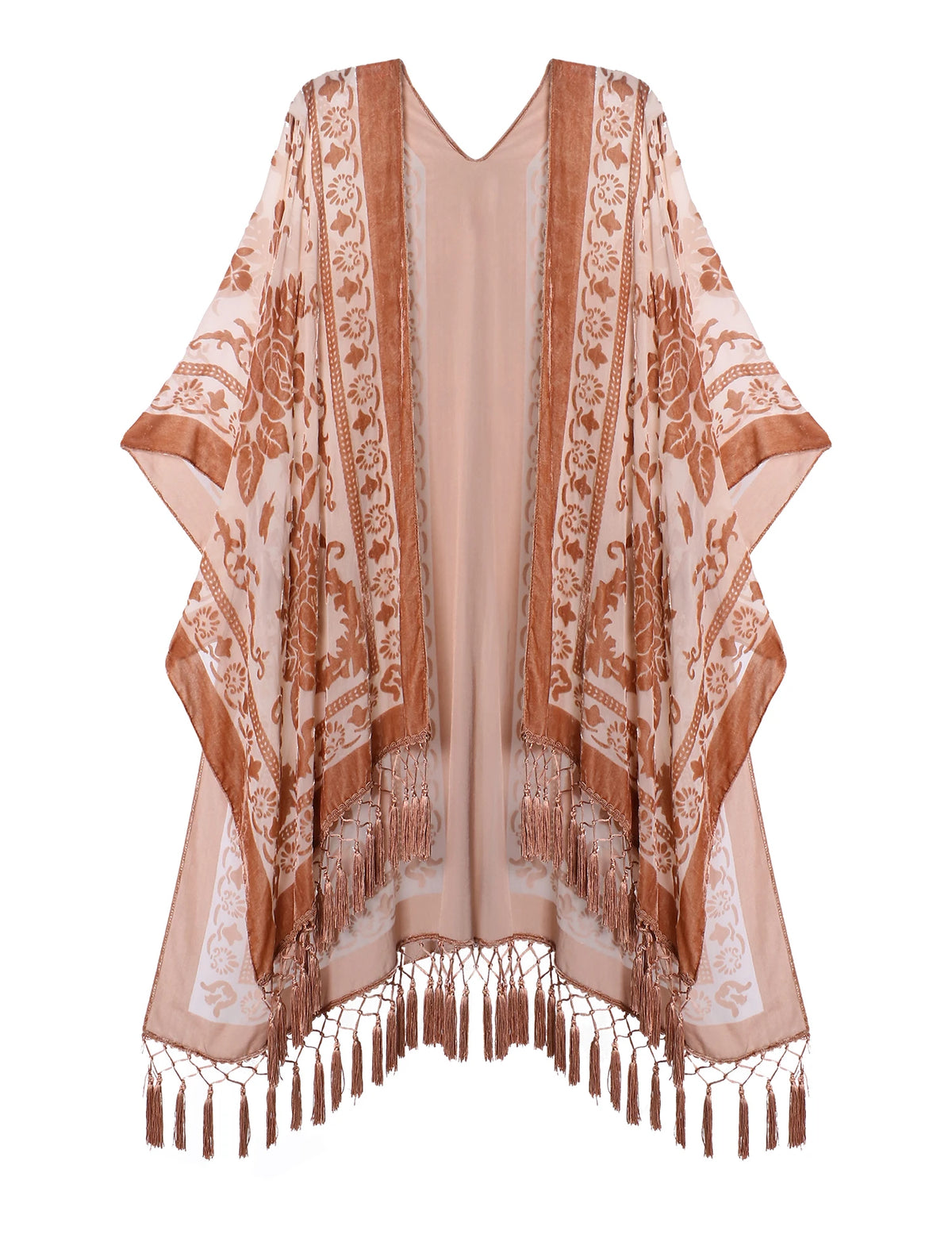 Bohemian Burnt Plush Velvet Kimono | Women's Long Floral Beach Cover - Up with Tassels | One Size | Various Colourstop