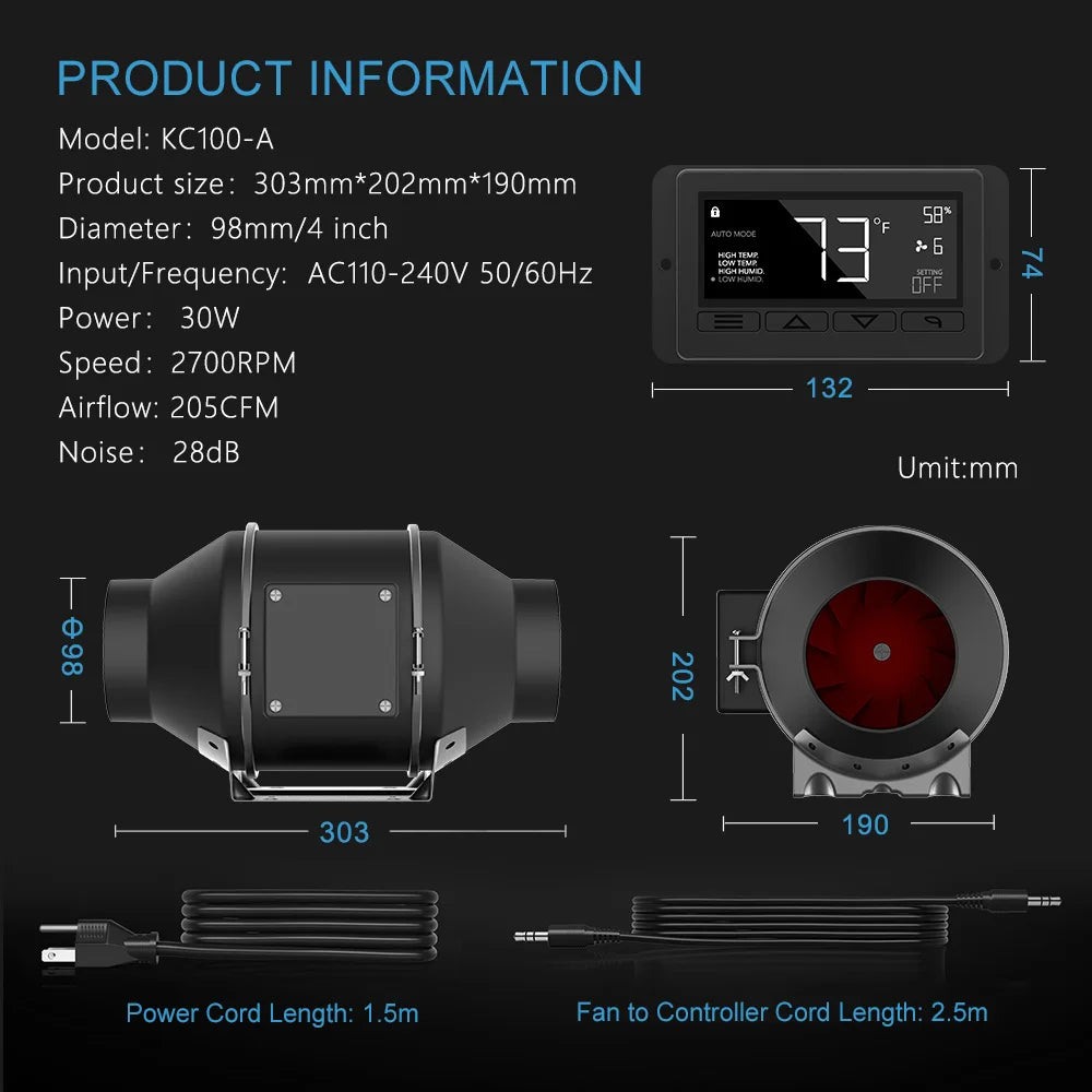 4 Inch Inline Fan With Digital Humidity + Temperature Control | Professional Series