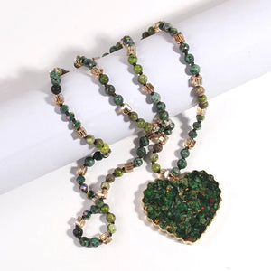 Bohemian Styled Natural Stone Necklace With Heart Shaped Pendant | Green