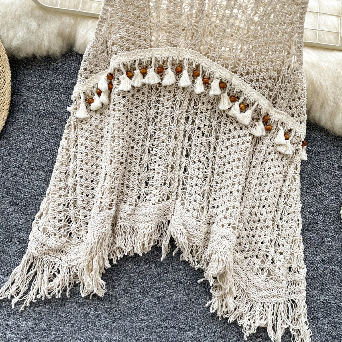 Boho Tassel Knit Beach Top | V-Neck Backless Hollow-Out Smock (One Size)