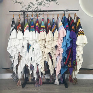 Bohemian Hippie Rainbow Knit Poncho Cape | Women's Oversized Tassel Shawl | One Size | Autumn/Winter Wraptop