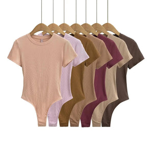 Bohemian Hippie Women's Summer Short Sleeve Knit Bodysuit | Stretchable Slim Fit | Casual Basic O - Neck Jumpsuit | S - L | 10+ Colourstop