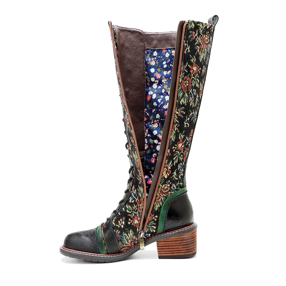 Women's Sheepskin Leather Boots | Lace-Up Chunky Heel Ankle & Knee High Boots | Hippie Flower Bohemian Design | Plus Size | Sizes 36-42