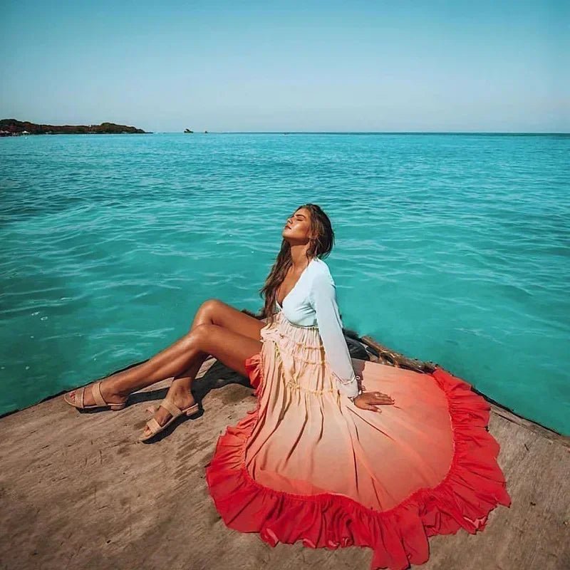 Women's Bohemian Rainbow Maxi Dress | Summer Gradient Patchwork Tiered Chiffon Dress | Elegant Hippie Party Outfit | S–L