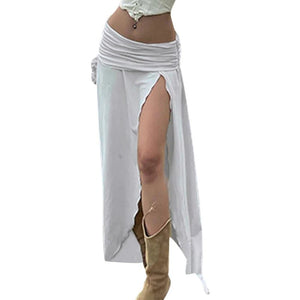 Bohemian Ruched Long Skirt | Women's Solid Colour Side Split Y2K Hippie Skirt | Summer Party Streetwear | S - XLdre