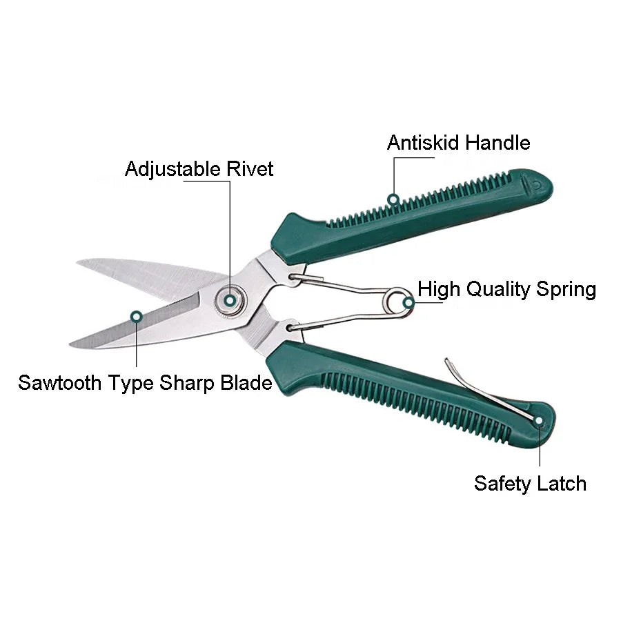 Small Green Straight Head Garden Pruning Shears / Snips | 190mm | Stainless Steel