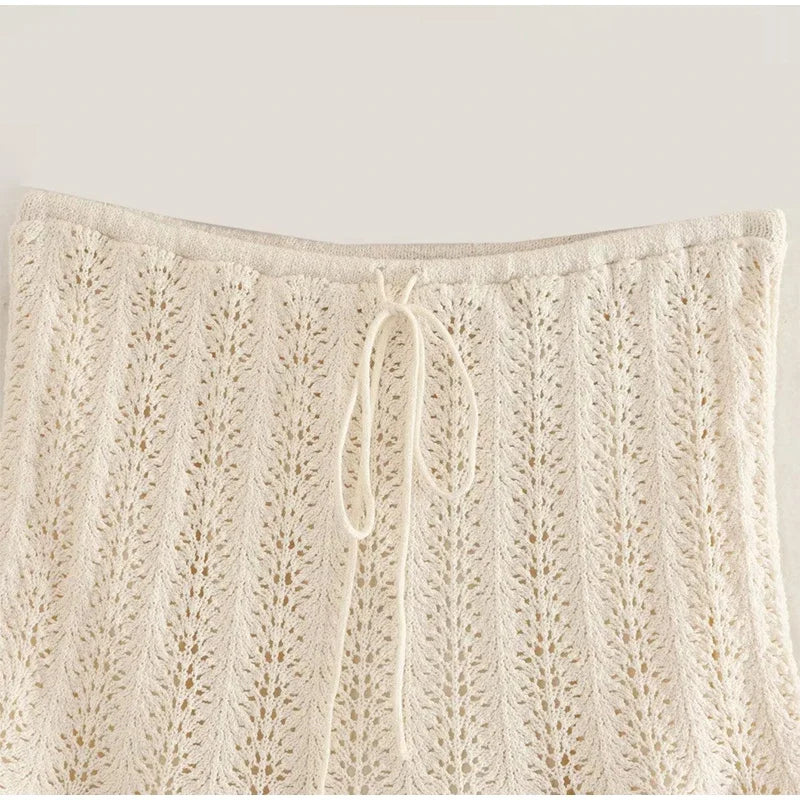 White Women's Hippie Hollowed Out  Knitted Sleeveless Top And Skirt | Size S-L