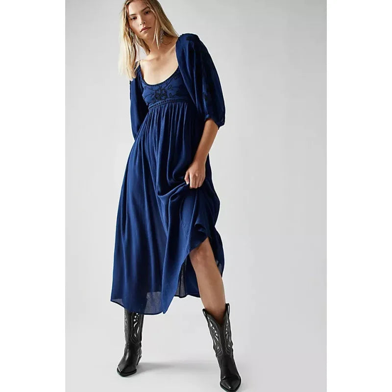 Bohemian Hippie Embroidered Midi Dress | Backless Cotton Blend Lantern Sleeve | Vintage Style | S–L | Blue, White, Purple