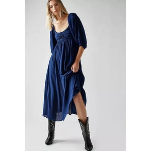 Bohemian Hippie Embroidered Midi Dress | Backless Cotton Blend Lantern Sleeve | Vintage Style | S–L | Blue, White, Purple