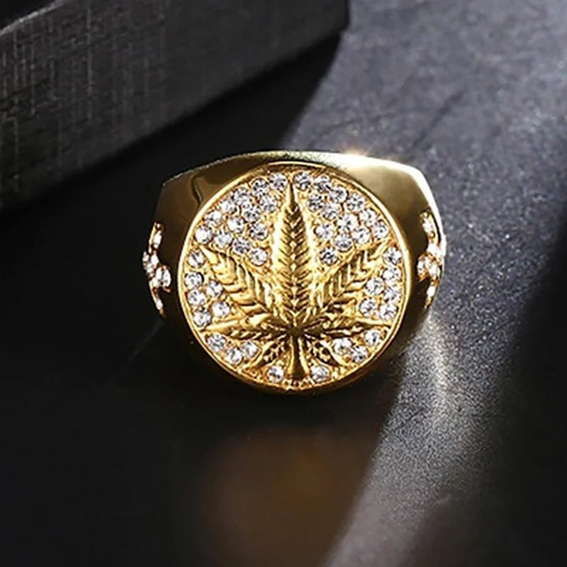 Gold Coloured Cannabis Leaf Finger Ring | Size 7-14