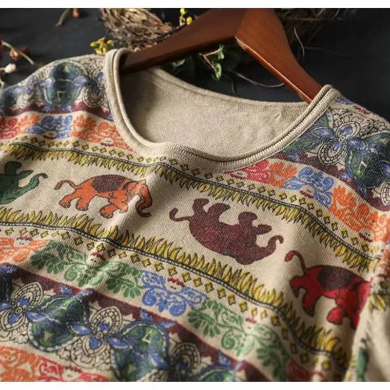 High Quality Women's Cotton Elephant O-Neck Sweater | Free Size