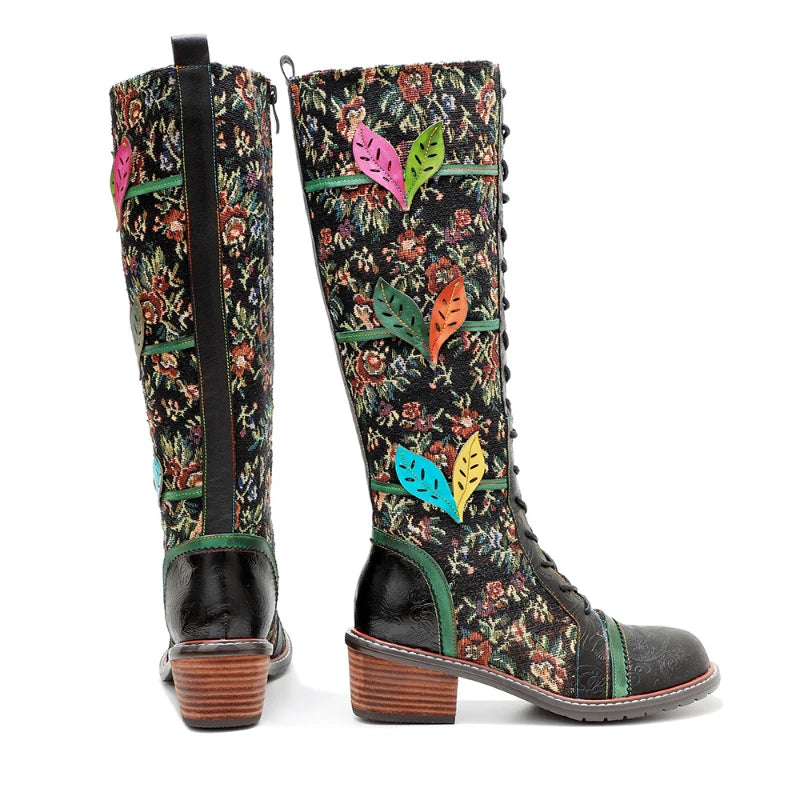 Women's Sheepskin Leather Boots | Lace-Up Chunky Heel Ankle & Knee High Boots | Hippie Flower Bohemian Design | Plus Size | Sizes 36-42