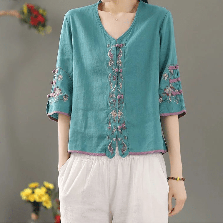 Bohemian Cotton Linen Embroidered Blouse | Hippie V - Neck Summer Shirt | M–4XL | Purple, Blue, Pink, White, Yellow