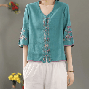 Bohemian Cotton Linen Embroidered Blouse | Hippie V - Neck Summer Shirt | M–4XL | Purple, Blue, Pink, White, Yellow