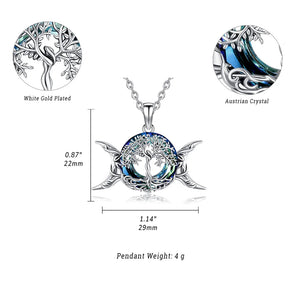 925 Silver Tree of Life Necklace + Triple Moon Goddess Pendant With Austrian Crystal