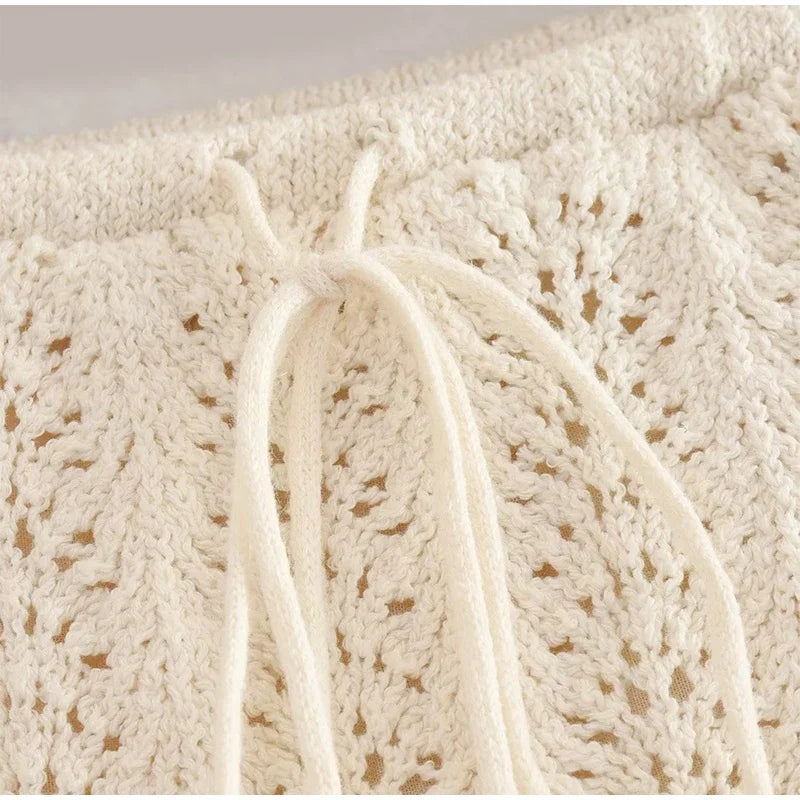 White Women's Hippie Hollowed Out  Knitted Sleeveless Top And Skirt | Size S-L