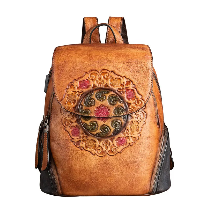 Retro Hippie Leather Backpack With Embossed Symbol | Various Colours