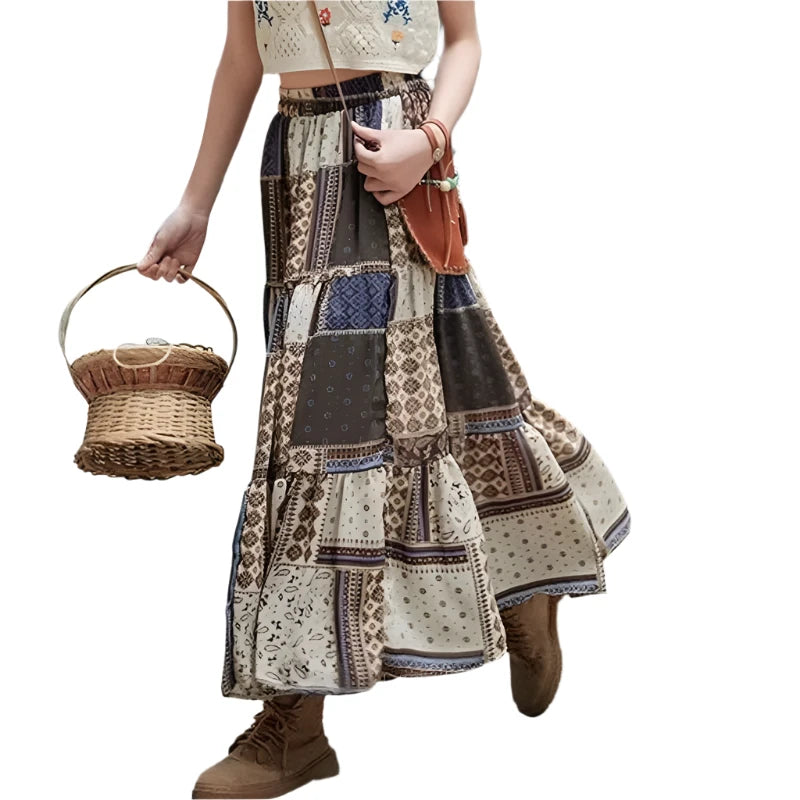 Vintage Patchwork Hippie Styled Long Skirt | Sizes XS-2XL