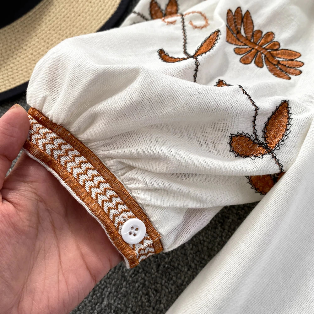 Women's Bohemian Long Sleeve Blouse | Cotton With Embroidery | One Size