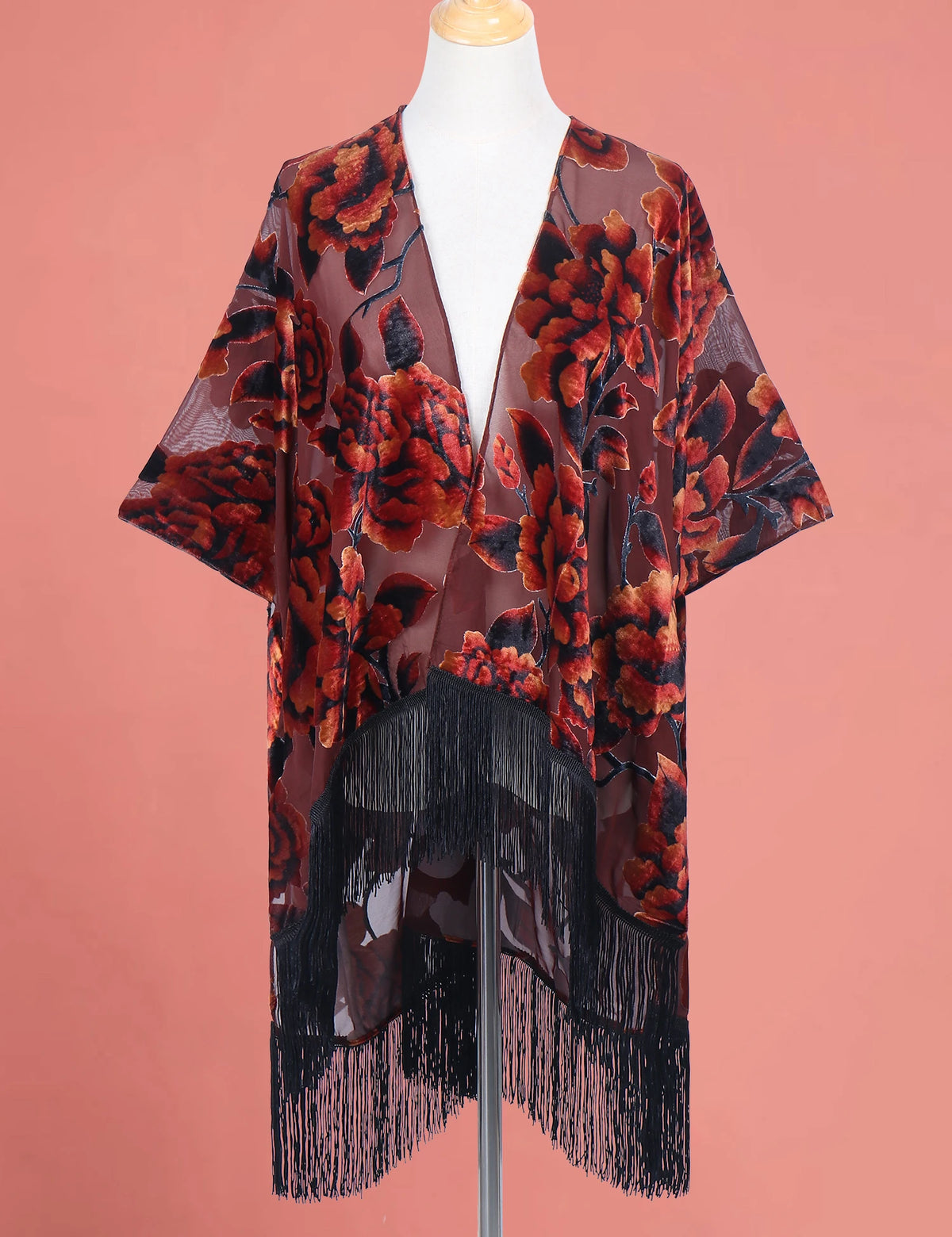 Bohemian Burnt Plush Velvet Kimono | Women's Long Floral Beach Cover - Up with Tassels | One Size | Various Colourstop