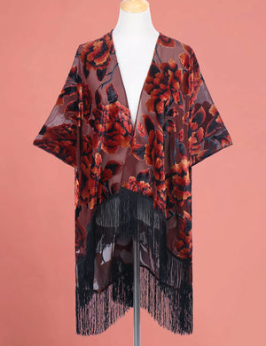 Bohemian Burnt Plush Velvet Kimono | Women's Long Floral Beach Cover - Up with Tassels | One Size | Various Colourstop