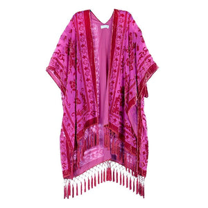 Bohemian Burnt Plush Velvet Kimono | Women's Long Floral Beach Cover - Up with Tassels | One Size | Various Colourstop