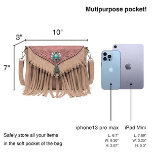 Pale Pink Boho Festival Bag With Turquoise Center Stone & Tassels