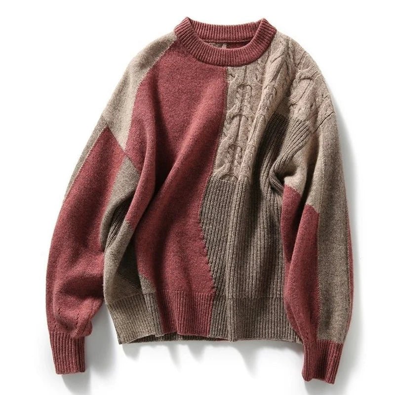 Bohemian Hippie Twist Color - Block Knitted Sweater | Women's Loose Fit Autumn Winter Pullover | Khaki or Red | S - 2XL