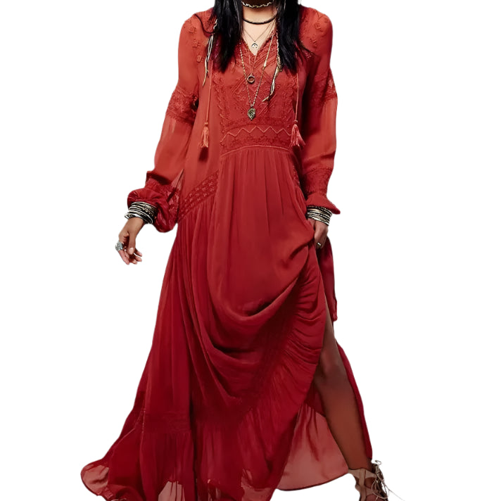 Boho Embroidered Maxi Dress | V-Neck Lantern Sleeve Free Style Dress | Loose Fit Cotton Dress for Women | S-XL