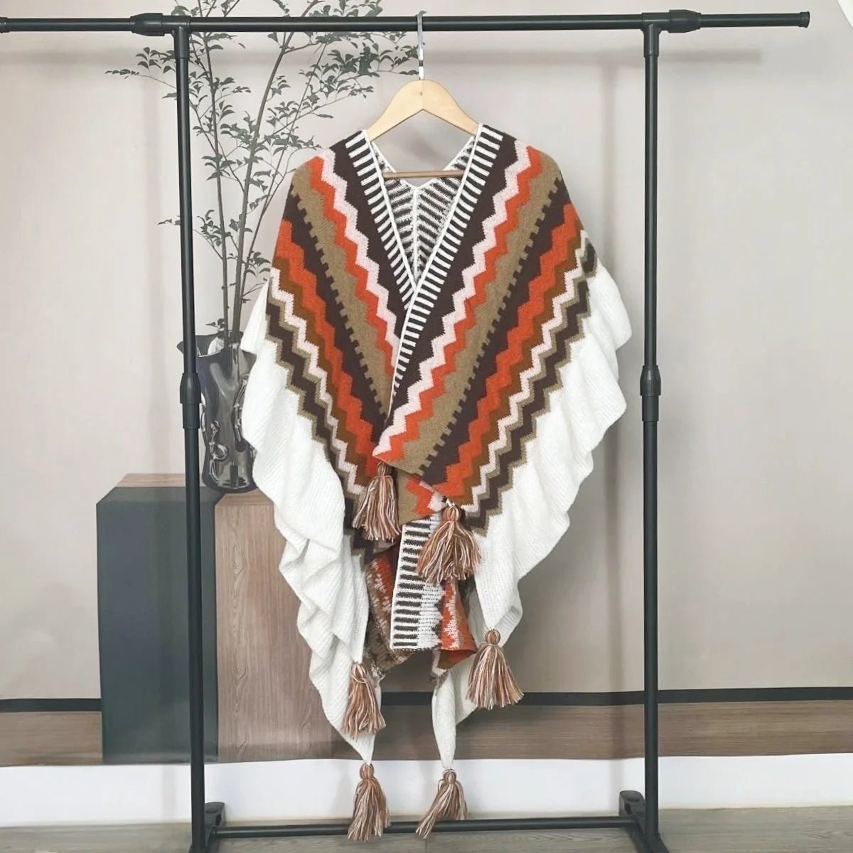 Bohemian Hippie Rainbow Knit Poncho Cape | Women's Oversized Tassel Shawl | One Size | Autumn/Winter Wraptop