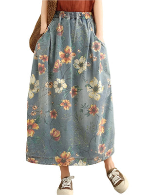 Women's Loose Demin Skirt With Floral Print | Free Size