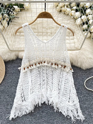 Boho Tassel Knit Beach Top | V-Neck Backless Hollow-Out Smock (One Size)
