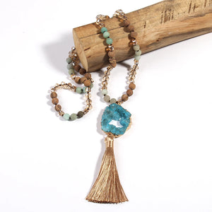 Hippie Styled Tassle Necklace With Amazonite Druzy Stone