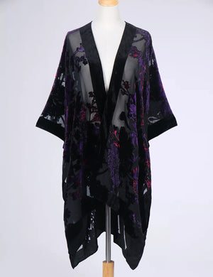Bohemian Burnt Plush Velvet Kimono | Women's Long Floral Beach Cover - Up with Tassels | One Size | Various Colourstop