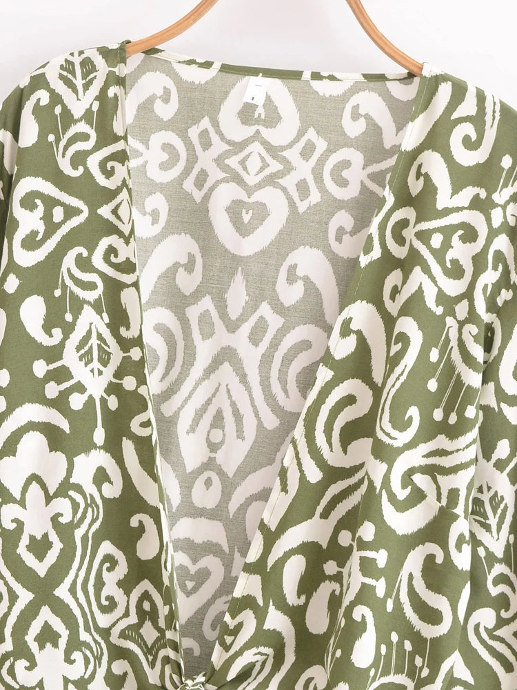 Bohemian Floral Kimono Cover-Up | Short Rayon Ruffle Sleeve Beach Wrap | Red & Aqua Green Prints | S–L