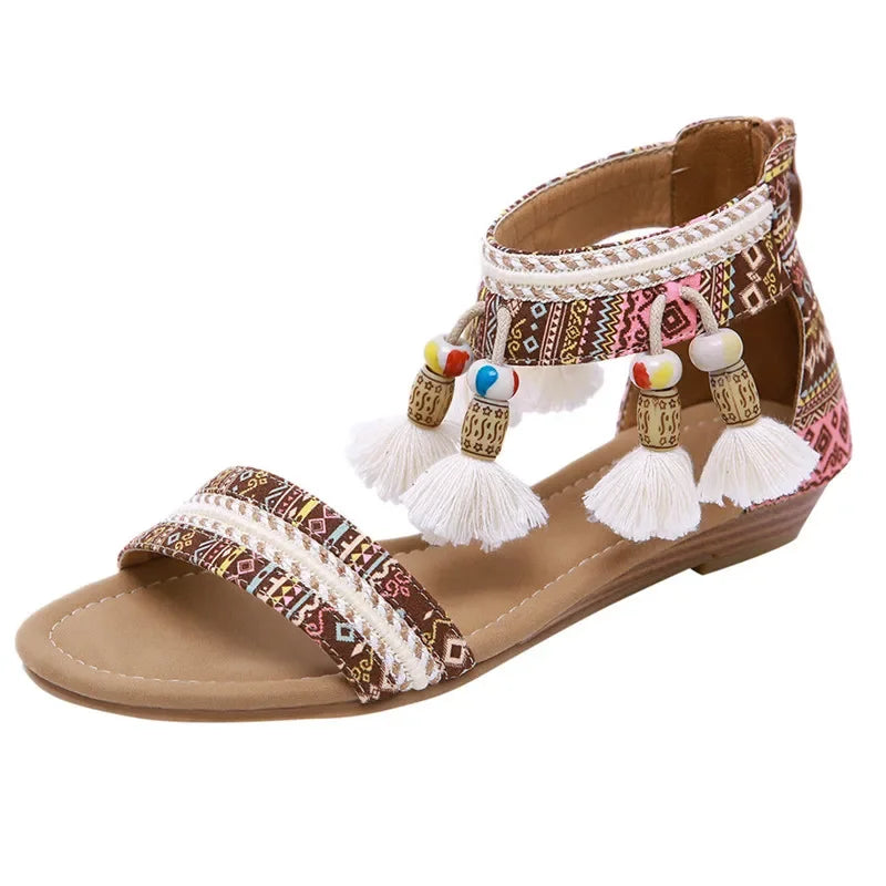 Women's Boho Sandals | Ethnic Style Rhinestone Flats | Beach Comfort Slippers | Black & Brown | Sizes 34-42