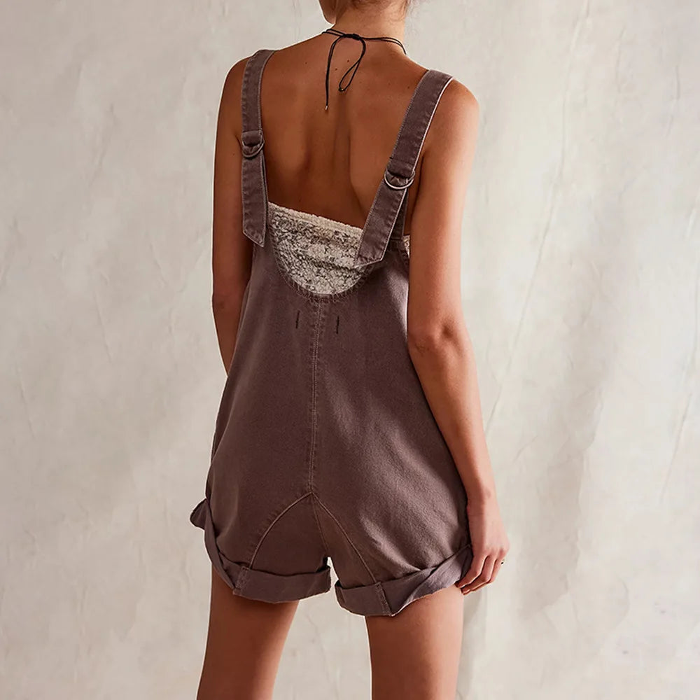 Bohemian Denim Jumpsuit | V-Neck Sleeveless Loose Fit Romper with Pockets | Black, Brown, Light Blue, Dark Blue | S–2XL