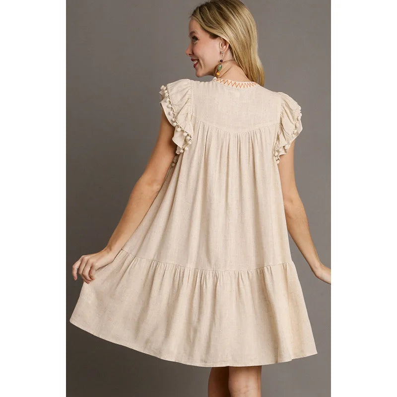 Bohemian Hippie Embroidered Cotton Midi Dress | V-Neck Petal Sleeve Ethnic Style | Loose Fit | S–XL