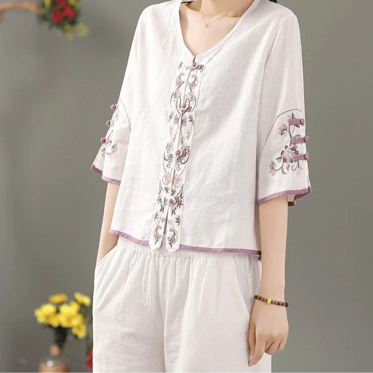 Bohemian Cotton Linen Embroidered Blouse | Hippie V - Neck Summer Shirt | M–4XL | Purple, Blue, Pink, White, Yellow